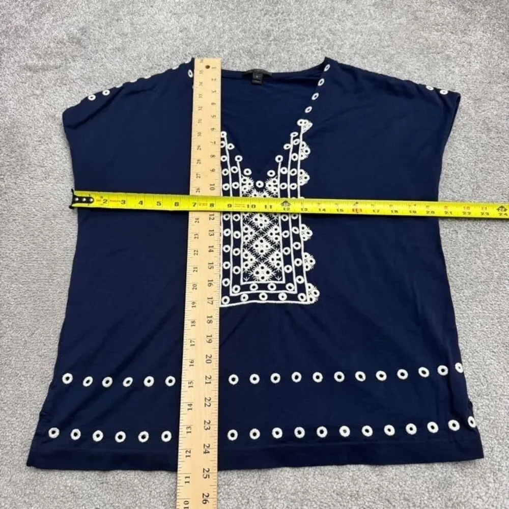 J.Crew Embroidered V-Neck Blouse Womens Medium Navy Blue Cotton Casual Boho Top